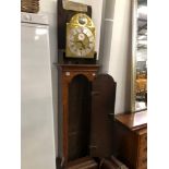 A GEORGIAN OAK CASED LONG CASE GRANDFATHER CLOCK WITH BRASS ARCHED DIAL