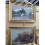 TWO PICTURES OF CONTINENTAL RURAL LANDSCAPES, GILT FRAMES, SIGNED INDISTINCTLY. (2)