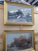 TWO PICTURES OF CONTINENTAL RURAL LANDSCAPES, GILT FRAMES, SIGNED INDISTINCTLY. (2)