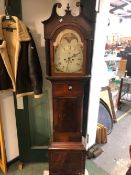 A 19th CENTURY EIGHT DAY LONG CASE GRANDFATHER CLOCK WITH PAINTED ARCH DIAL. H 207 W 48 D 23cms