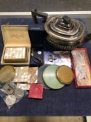 A LADIES SEKONDA WATCH, VINTAGE COMPACTS, COMMEMORATIVE COINS, COSTUME PEARLS, A PLATED TEAPOT ETC