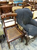 A VICTORIAN ROSE WOOD SHOW FRAME ARMCHAIR AND THREE DINING CHAIRS (4)