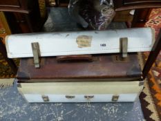 VINTAGE SUITCASES, A FIRESIDE SET, TWO CRUMB TRAYS AND AN ART DECO WALL MIRROR.