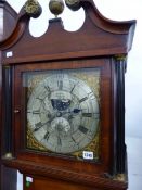 AN 18th CENTURY MAHOGANY CASED EIGHT DAY LONG CASED GRANDFATHER CLOCK WITH BRASS AND SILVERED DIAL