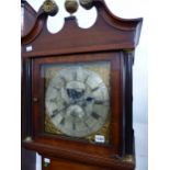 AN 18th CENTURY MAHOGANY CASED EIGHT DAY LONG CASED GRANDFATHER CLOCK WITH BRASS AND SILVERED DIAL