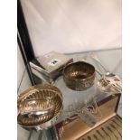 HALLMARKED SILVER TO INCLUDE A SMALL CIGARETTE BOX, SERVING SPOONS, CREAMER AND SUGAR BOWL, SILVER