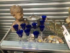 TEN BLUE BOWLED GLASSES, A WINE BOTTLE CARRIER, A BISCUIT BARREL AND A TERRACOTTA BUST OF A LAUGHING