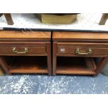 A PAIR OF VINTAGE ORIENTAL HARDWOOD END TABES EACH WITH SINGLE DRAWER.