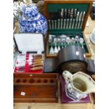 CASED CUTLERY, CLOCKS, A PIPE RACK, A A BLUE AND WHITE JAR/TABLE LAMP, ETC.