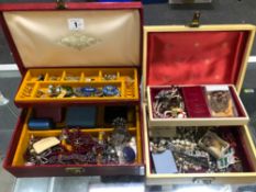 TWO VINTAGE JEWELLERY BOXES AND CONTENTS TO INCLUDE COSTUME JEWELLERY, SILVER, ROLLED GOLD,PIECES