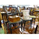 THREE VICTORIAN EBONISED AND INLAID BEDROOM CHAIRS, A HIGH BACK SIDE CHAIR AND A VICTORIAN SALON