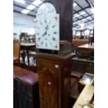 A GEORGIAN MAHOGANY LONG CASED CLOCK WITH EIGHT DAY MOVEMENT AND PAINTED ARCHED DIAL. H 211 W 46 D