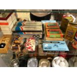 PLAYING CARDS, CARD GAMES, A WOODEN CHESS SET, BONE FISH COUNTERS, A MONEY BOX, ETC