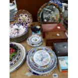 A DERBY IMARI BOWL, A FRUIT DECORATED MIRROR, TRINKET BOXES, PLATES ETC.