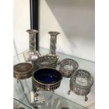 A PAIR OF HALLMARKED SILVER WEIGHTED CANDLESTICKS, VARIOUS MUSTARDS AND A TORTOISE SHELL AND