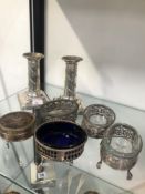 A PAIR OF HALLMARKED SILVER WEIGHTED CANDLESTICKS, VARIOUS MUSTARDS AND A TORTOISE SHELL AND