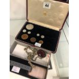 A HALLMARKED SILVER ENGRAVED CONCORDE LUGGAGE TAG, PART SET OF 1937 ROYAL MINT SPECIMEN COINS, AND A