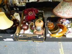 A RED PLASTIC TELEPHONE, WOODEN BOWLS, TWO TABLE LAMPS, JUGS AND OTHER CERAMICS
