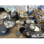 A QUANTITY OF SILVER PLATED CUTLERY TRAYS ETC