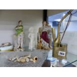 THREE 19th CENTURY PORCELAIN FIGURINES, A PAIR OF WORCESTER FIGURINES, MINTONS TABLE LIGHTER, AND AN