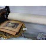TWO JAPANESE PRINTS, AN EASTERN BRASS TRAY, VINTAGE SCROLLS ETC.