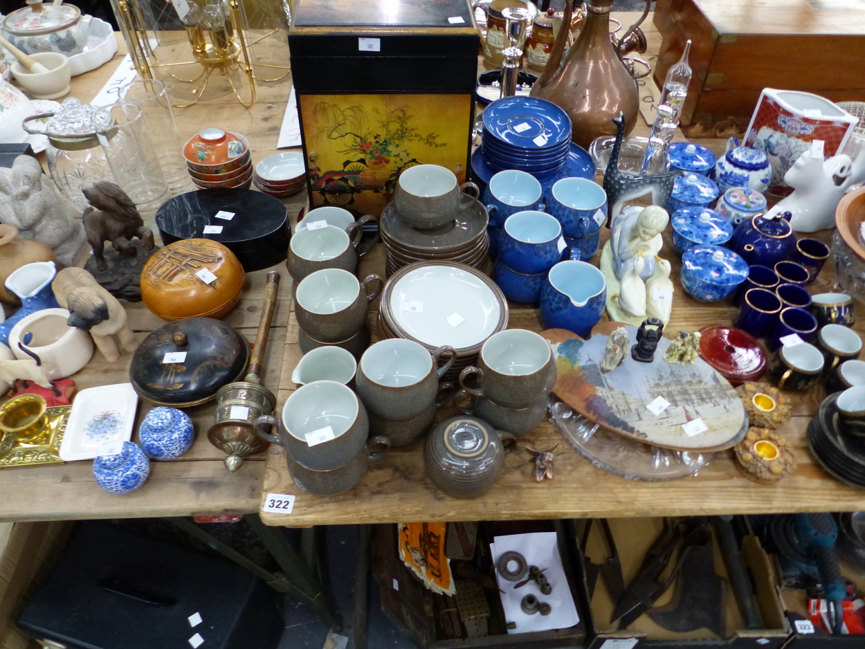 A EASTERN WHITE METAL JUG AND BOWL, CARVED STONE ORNAMENT DENBY COFFEE WARES, VARIOUS ORNAMENTS