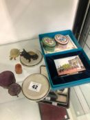 A HALCYON DAYS BILSTON ENAMEL BOX, TOGETHER WITH TWO LIMOGES BOXES, FOUR PIN CUSHIONS, TWO MALACHITE