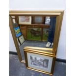 A GILT FRAMED BEVELLED EDGE MIRROR, A MODERN WALL MIRROR AND TWO PENCIL SIGNED AND NUMBERED COLOUR