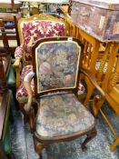 A QUEEN ANNE STYLE SMALL ARMCHAIR, TOGETHER WITH A FRENCH STYLE ARMCHAIR
