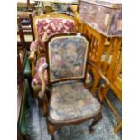 A QUEEN ANNE STYLE SMALL ARMCHAIR, TOGETHER WITH A FRENCH STYLE ARMCHAIR