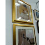 TWO LARGE GILT FRAMED DECORATIVE PICTURES OF SEATED LADIES TOGETHER WITH TWO SMALLER STILL LIFE