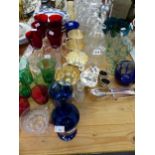 A PAIR OF DECANTERS, COLOURED DRINKING GLASS, ELECTROPLATE MUGS, CASED FISH SERVERS, ETC.