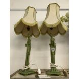 A PAIR OF GREEN COMPOSITION TABLE LAMPS MODELLED AS TALL ORIENTAL LADIES