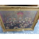 A GILT FRAMED DECORATIVE PICTURE OF A ROYAL DINNER. 51 x 71cms