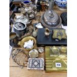 A BRASS DESK STAND AND VARIOUS PLATED WARES