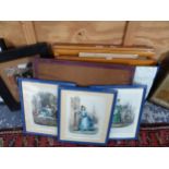 A GROUP OF ANTIQUE AND LATER PICTURES INCLUDING EQUESTRIAN PRINTS AND COMIC PRINTS ETC