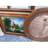 A VINTAGE EARLY 20th CENTURY PRINT OF A WOMAN PICKING FLOWERS. Dia 50cms TOGETHER WITH A MAPLE