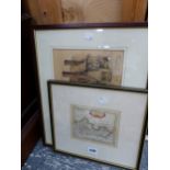 A GROUP OF ANTIQUE AND LATER PICTURES INCLUDING LANDSCAPE WATERCOLOURS, HAND COLOURED MAP ETC