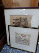 A GROUP OF ANTIQUE AND LATER PICTURES INCLUDING LANDSCAPE WATERCOLOURS, HAND COLOURED MAP ETC