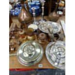 A PAIR OF SILVER PLATED CANDELABRA, MUFFIN DISH, THREE DOULTON STONE WARE PIECES, COPPER JUGS ETC.