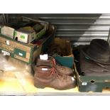 VINTAGE LEATHER OVER COAT, VARIOUS TEXTILES, CLIMBING BOOTS, ICE SKATES ETC.
