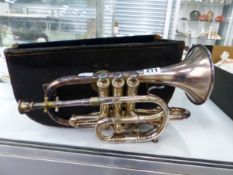 A SILVER PLATED TRUMPET IN A HAWKES LABELLED LEATHER CASE.