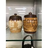 TWO DOULTON TWO TONE BROWN STONE WARE TOBACCO JARS AND COVERS