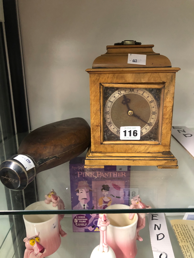 A LEATHER BOUND HIP FLASK TOGETHER WITH A WALNUT CASED COVENTRY MANTLE TIMEPIECE