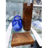 A PAIR OF CHINESE CARVED WOOD BRUSH POTS, A PAIR OF BLUE AND WHITE TIN GLAZED FOUR HANDLED VASES