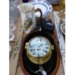 A BRASS SHIP BULK HEAD CLOCK, DINNER WARES ETC