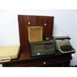 A VINTAGE RADIO, DART BOARD, TYPEWRITERS ETC