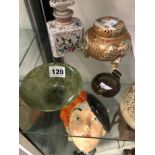 A SATSUMA JAR AND COVER, A GREENSTONE BOWL, A BRONZE MINIATURE CENSER TOGETHER WITH A PARIS