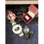 A JOHN WAYNE LIMITED EDITION POCKET WATCH AND CHAIN, A SILVER THREE ROW CZ RING A VINTAGE TIMEX