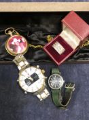 A JOHN WAYNE LIMITED EDITION POCKET WATCH AND CHAIN, A SILVER THREE ROW CZ RING A VINTAGE TIMEX